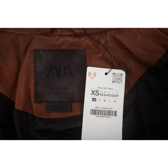 Zara ZW Womans Leather Bomber Jacket Coat Size XS Brown 5479/040 NWT - Picture 8 of 8